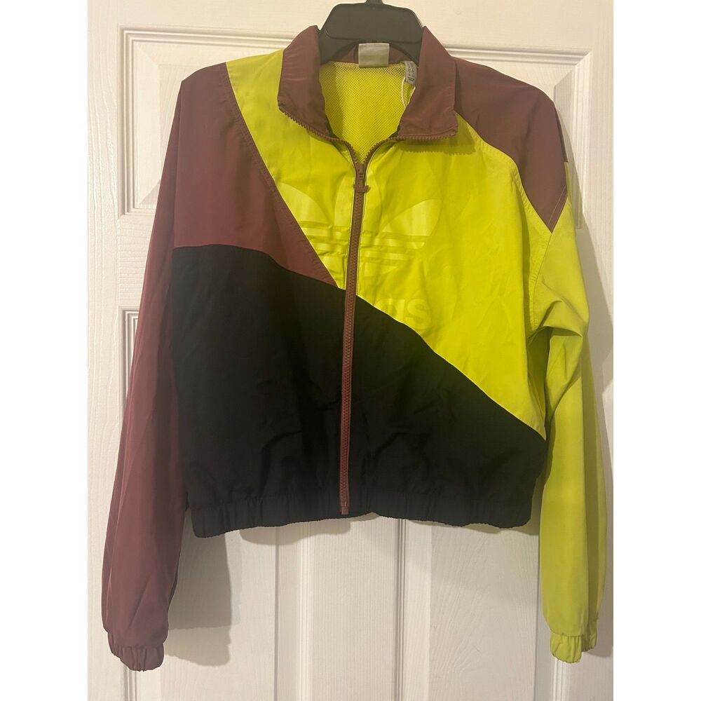 Adidas Crop Jacket Womens Small Garnet Lime Green Black Polyester